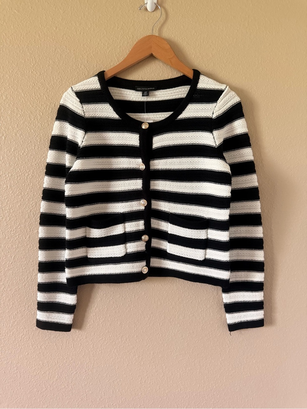 Saks Fifth Avenue Black and White Striped Knit Cardigan - Picture 2 of 5